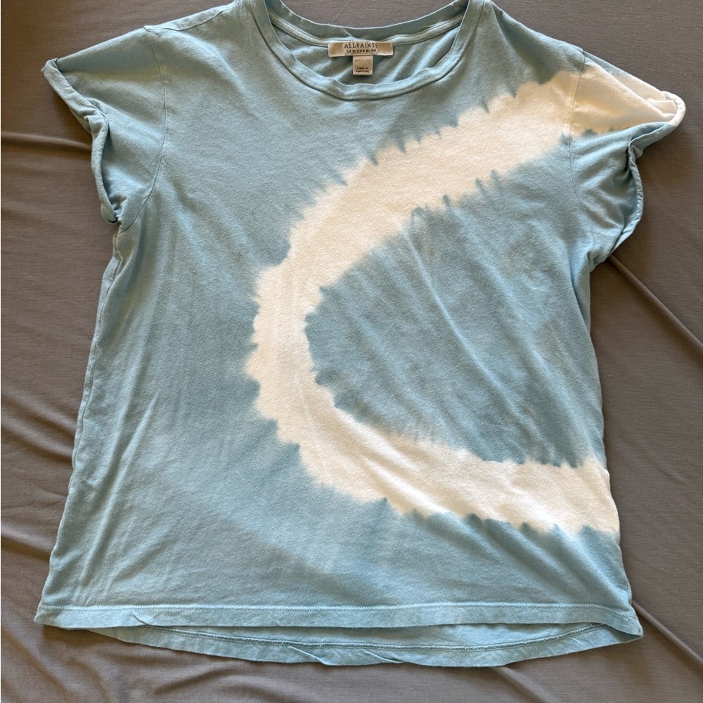 AllSaints Blue and White Tie-Dye Women's Top Size 6